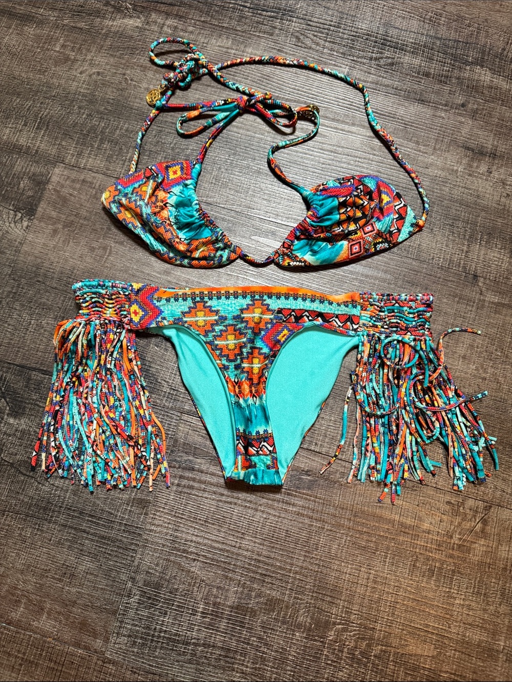 Luli Fama Turquoise Multicolor Fringe Bikini Set
